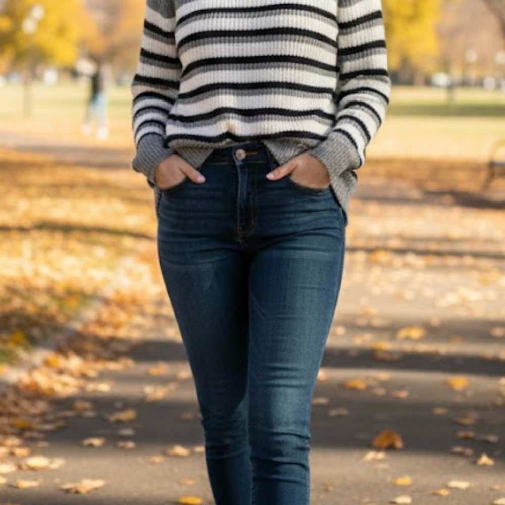 LOFT Grey, Black & White Striped Raglan Sweater — Size S
